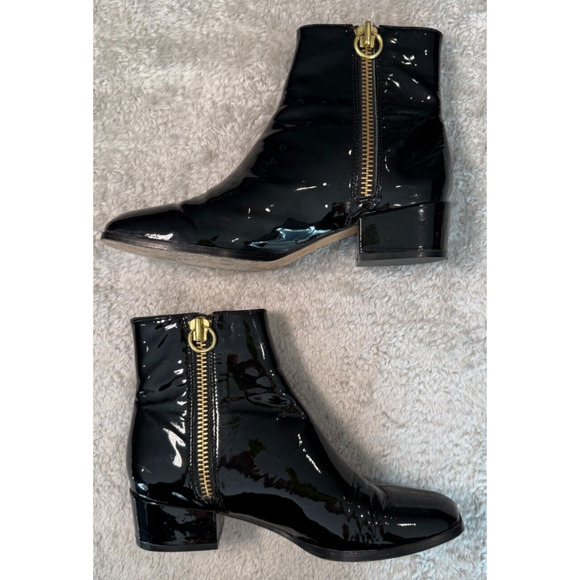 Joie Black Patent Leather Square Toe Gold Zip Ankle Boots Womens Size 6 EU 36 - Picture 2 of 7